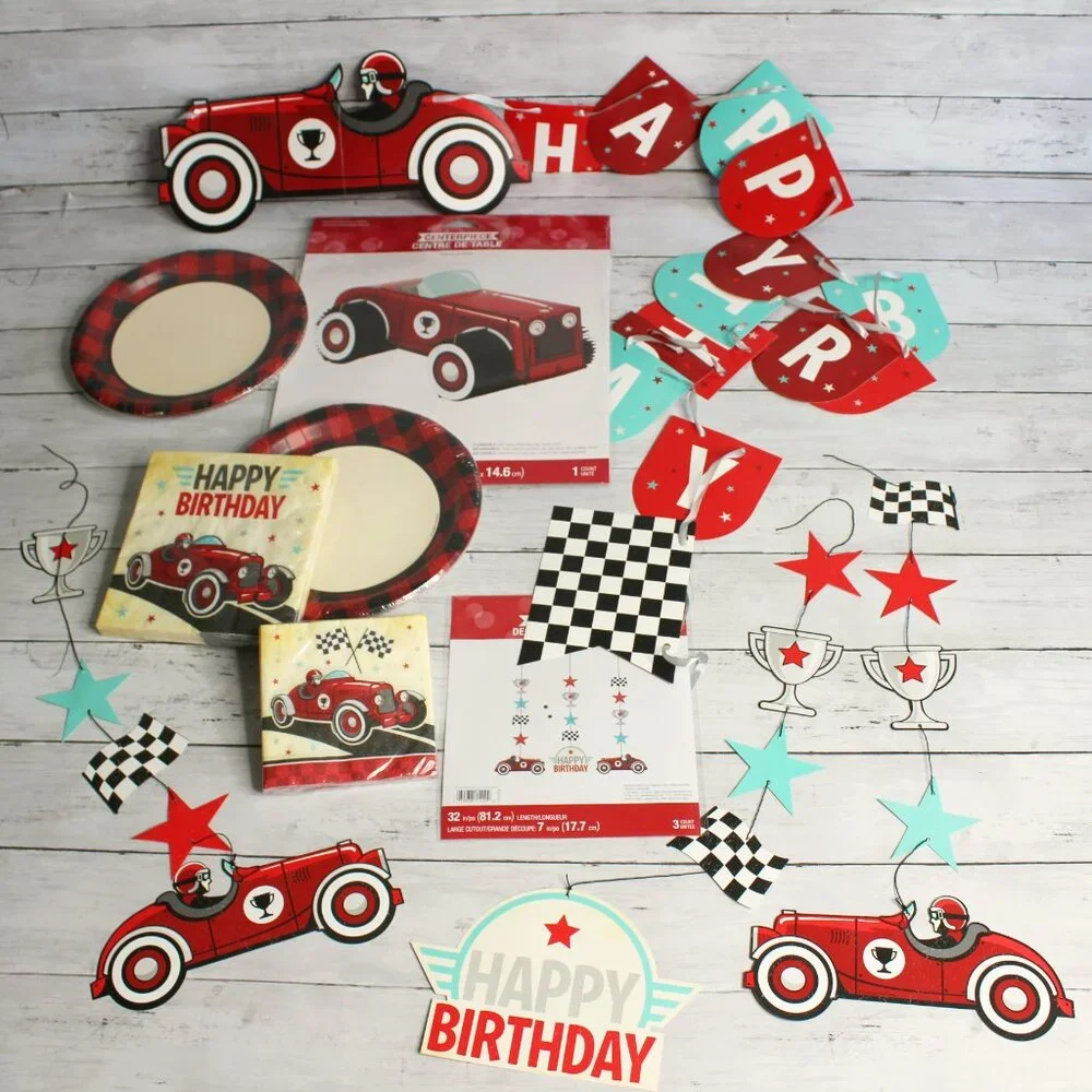 Vintage Derby Race Cars Happy Birthday Banner Paper Plates Party Decor